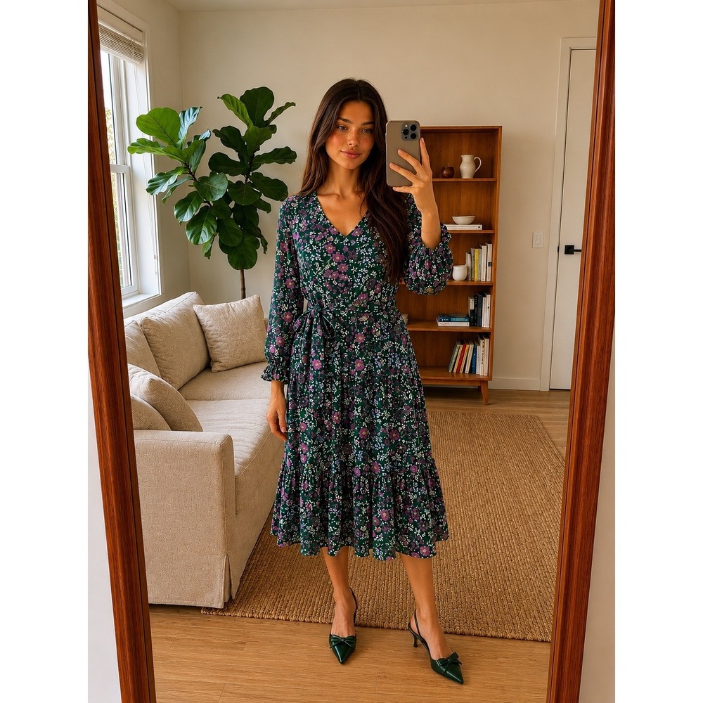 Womens Floral Tiered Midi Dress XS Green Long Sleeve Belted Cottage Prairie Boho